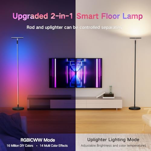 OUTON Smart Floor Lamp, 30W/3000LM Bright LED RGB Torchiere Floor Lamp, Works with Alexa Google Home, 16 Million DIY Colors, Music Sync, Standing lamp for Living Room, Bedroom, Gaming Room (Black)