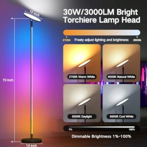 OUTON Smart Floor Lamp, 30W/3000LM Bright LED RGB Torchiere Floor Lamp, Works with Alexa Google Home, 16 Million DIY Colors, Music Sync, Standing lamp for Living Room, Bedroom, Gaming Room (Black)