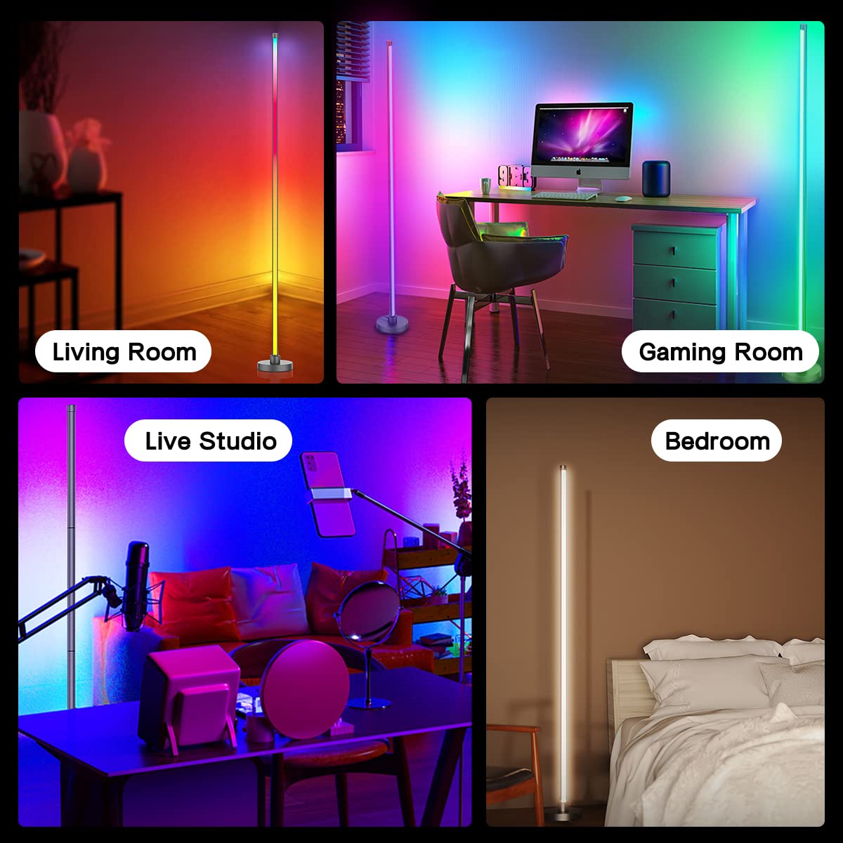 Hitish RGB Floor Lamp, Color Changing LED Corner Lamp with Bluetooth & Remote Control, Dimmable Modern Floor Lamp with 16 Million DIY Colors, Music Sync & Timing Function for Living Room, Gaming Room