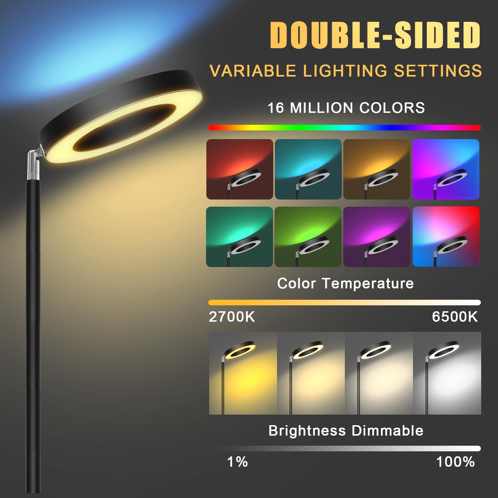 Smart Floor Lamp 42W 3700LM, Double-sided Super Bright Torchiere LED Floor Lamps Work with Alexa Google Home, 2700K-6500K Dimmable RGBCW Color Changing Tall Standing Light for Bedroom Living Room