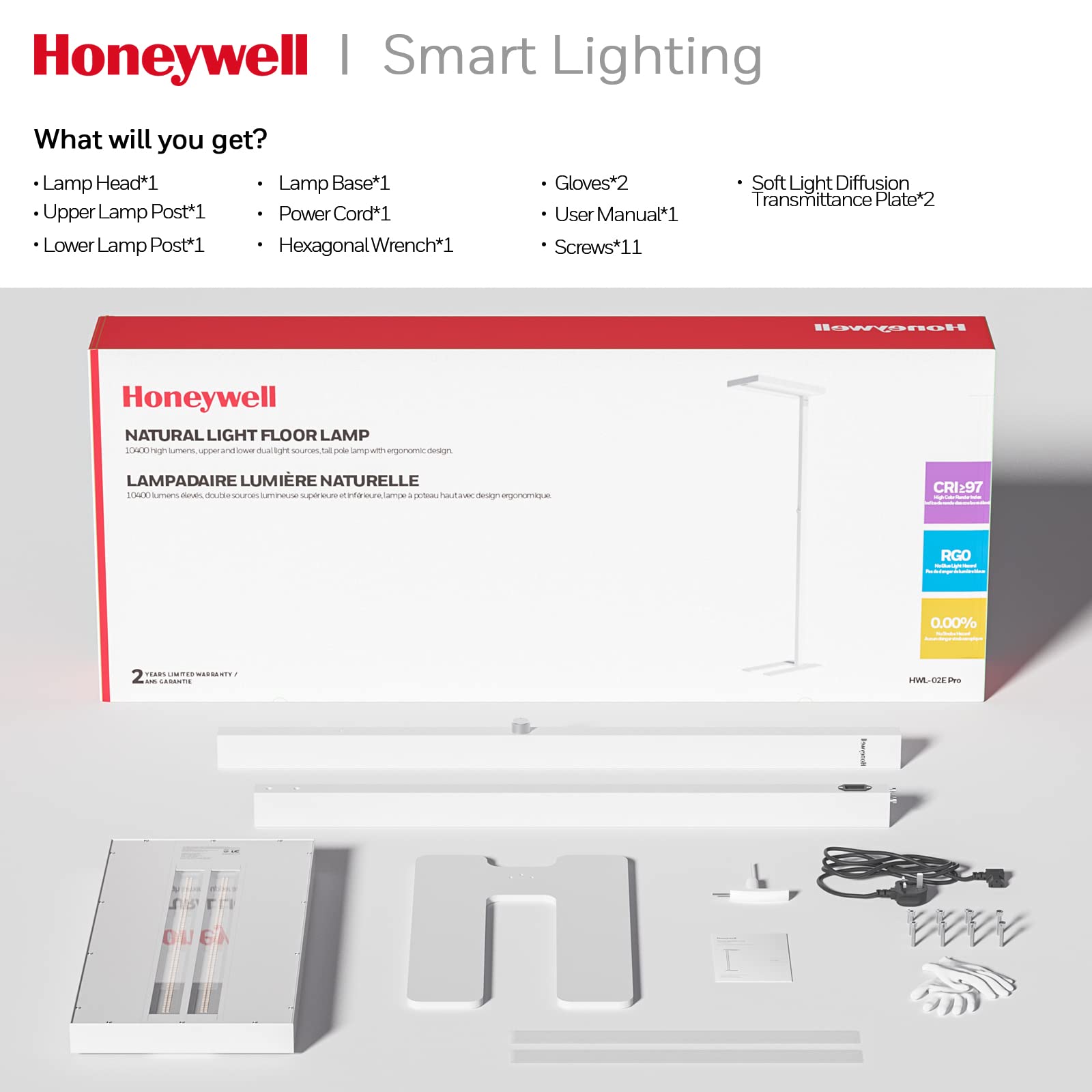 Honeywell LED Floor Lamp Modern - 02E Pro Sunturalux™ Eye Caring Standing Light, 10040LM Dimmable Reading Tall Lampara for Home Office Living Room Bedroom,100W,4000K Natural Daylight