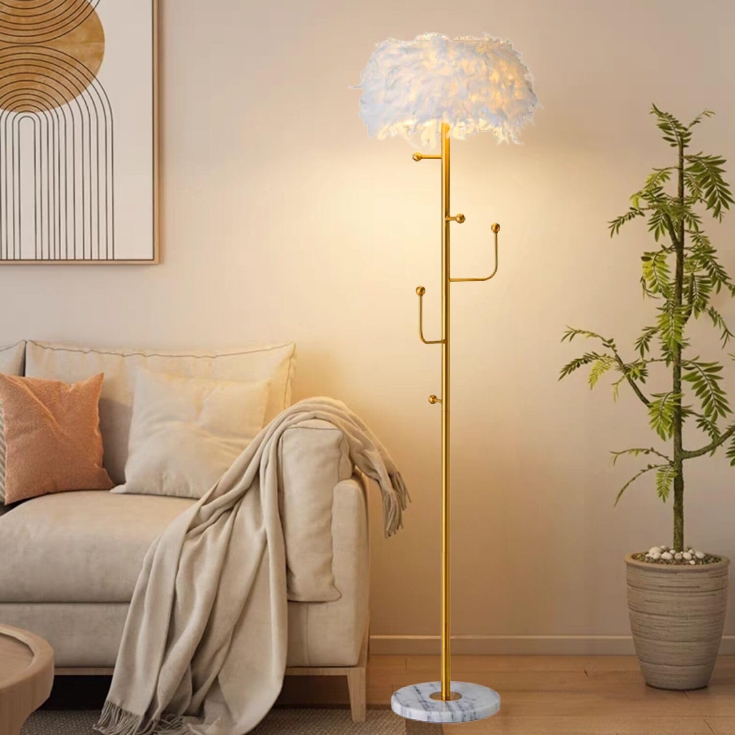 Kardleen White Feather Floor lamp Unique Hanger Floor lamp with Coat Hook Standing lamp Luxury Gold for Bedroom Decorative Tall lamp Naturally Feather lamp