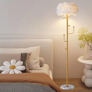 Kardleen White Feather Floor lamp Unique Hanger Floor lamp with Coat Hook Standing lamp Luxury Gold for Bedroom Decorative Tall lamp Naturally Feather lamp