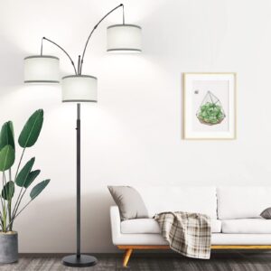 dimmable floor lamp - 3 lights arc floor lamps for living room, 1000lm modern tall standing lamp with gray shades & heavy base, mid century tree floor lamp for bedroom office, 3 led bulbs included