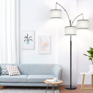 Dimmable Floor Lamp - 3 Lights Arc Floor Lamps for Living Room, 1000LM Modern Tall Standing Lamp With Gray Shades & Heavy Base, Mid Century Tree Floor Lamp for Bedroom Office, 3 LED Bulbs Included