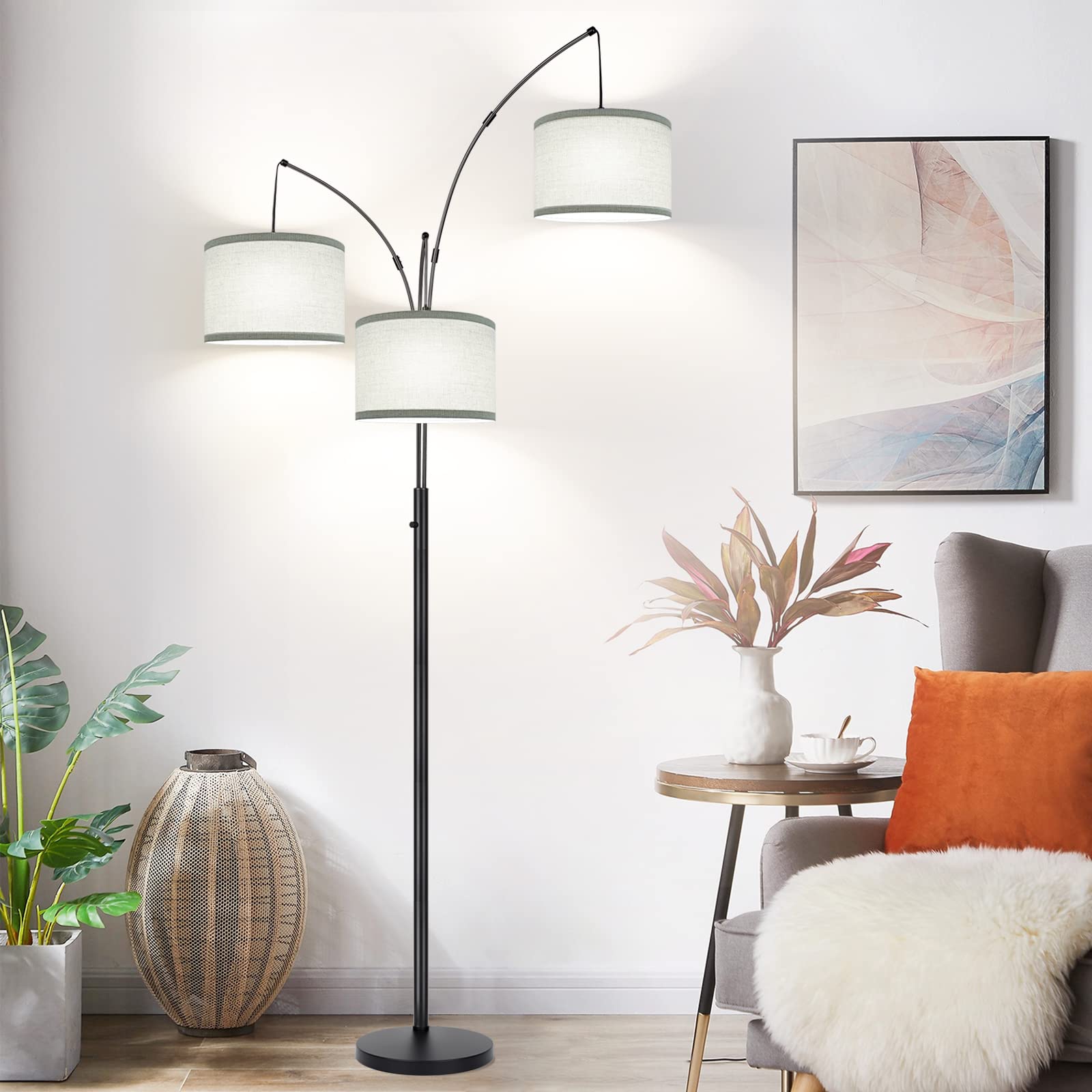 Dimmable Floor Lamp - 3 Lights Arc Floor Lamps for Living Room, 1000LM Modern Tall Standing Lamp With Gray Shades & Heavy Base, Mid Century Tree Floor Lamp for Bedroom Office, 3 LED Bulbs Included