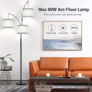 Dimmable Floor Lamp - 3 Lights Arc Floor Lamps for Living Room, 1000LM Modern Tall Standing Lamp With Gray Shades & Heavy Base, Mid Century Tree Floor Lamp for Bedroom Office, 3 LED Bulbs Included