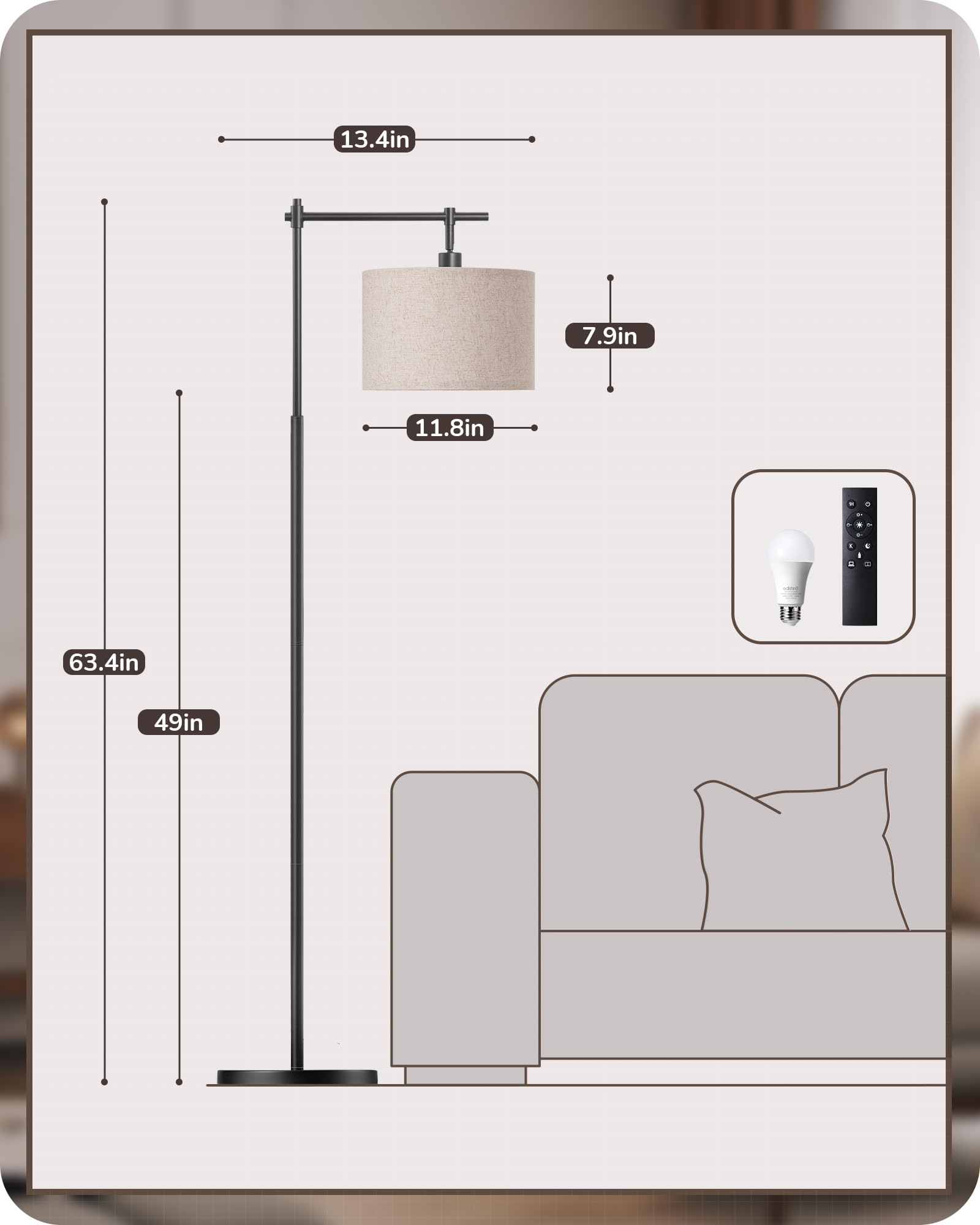 EDISHINE Dimmable Floor Lamp, 5 Color Temperature, Modern Standing Lamp with Remote Control & Beige Shade, E26 Socket, Arc Floor Lamp for Bedroom, Living Room, Office, LED Bulb Included