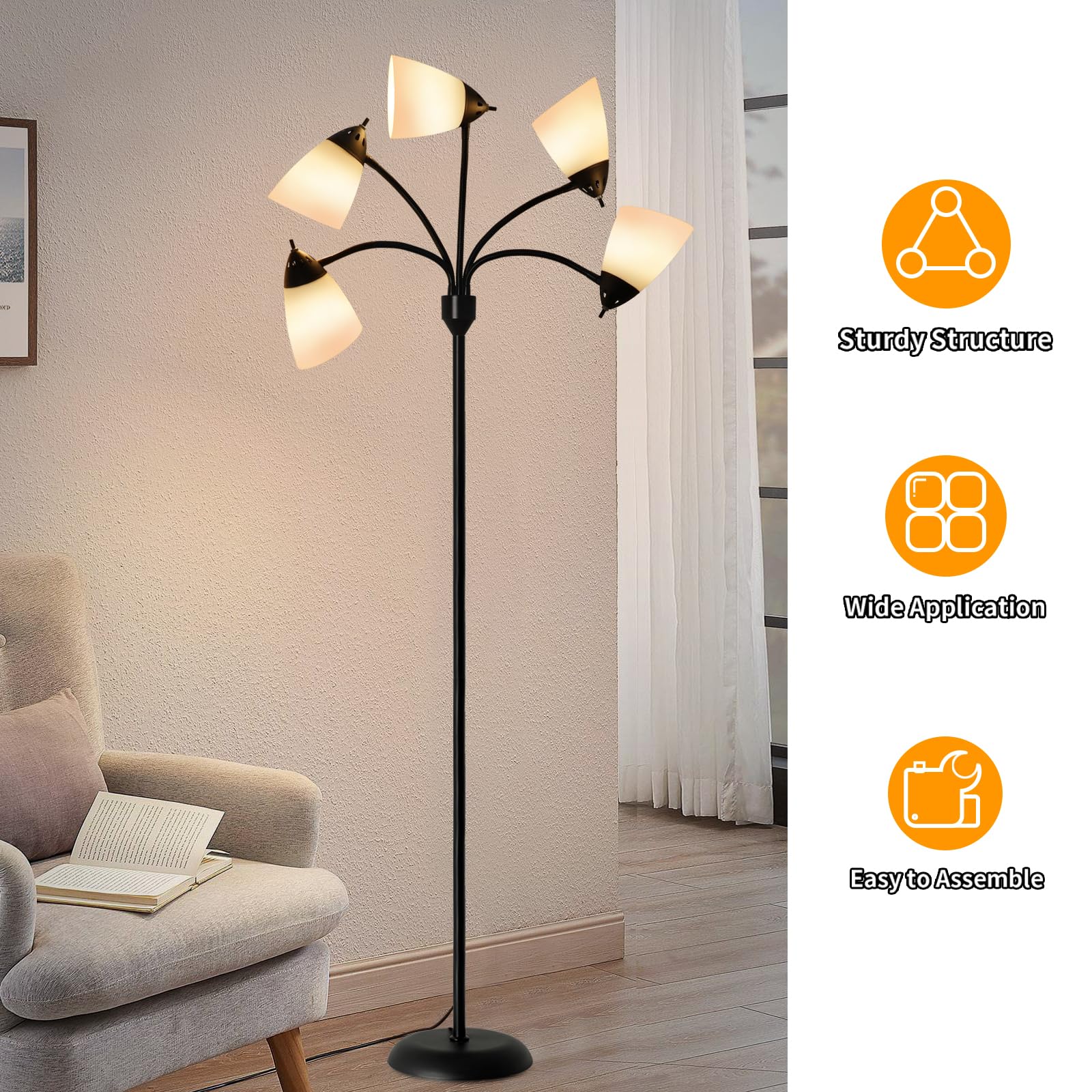 DINGLILIGHTING Floor Lamp Tall for Room: Flexible Gooseneck Floor Lamps Standing for Bedroom Home Office - Modern Floor Lights 5-Light