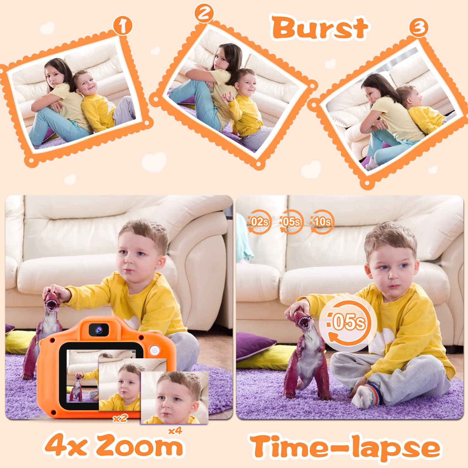 PROGRACE Kids Camera for Boys Girls - Dual Selfie Mini Children Camera Age 3 4 5 6 7 8 9 Year Old Kids Camcorder Birthday 𝗚𝗶𝗳𝘁 for Girls Boys Toy Camera for Kids Video Camera Recorder Orange