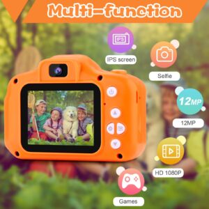 PROGRACE Kids Camera for Boys Girls - Dual Selfie Mini Children Camera Age 3 4 5 6 7 8 9 Year Old Kids Camcorder Birthday 𝗚𝗶𝗳𝘁 for Girls Boys Toy Camera for Kids Video Camera Recorder Orange