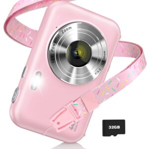 digital camera, fhd 1080p kids camera with neck lanyard 32gb card battery, anti-shake 16x digital zoom, 44mp point shoot cameras, compact portable small gift camera for kid teen student girl boy(pink)