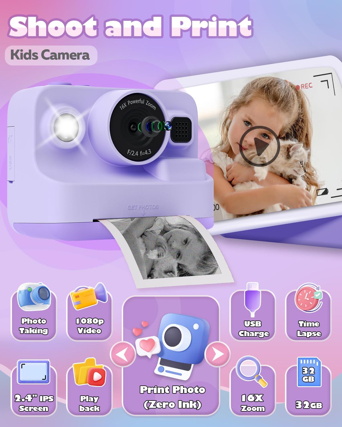 Kids Camera Instant Print, MEETRYE Instant Print Camera for Kids 4-14 Year Old, Christmas Birthday Gifts Digital Camera Toy for 5 6 7 8 9 10 Year Old Girls Boys Toddlers