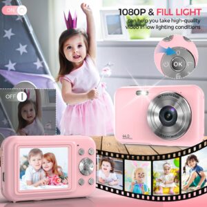 Digital Camera, FHD 1080P 44MP Kids Camera for Photography with 32GB Card, 16X Zoom Point and Shoot Digital Camera with Fill Light, Anti-Shake Compact Small Camera for Teens Boys Girls (Pink)