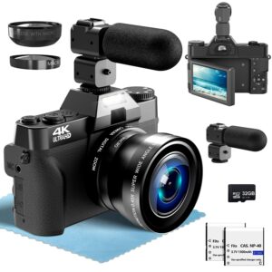 hojocojo 4kvlogging camera, 56mp cameras for photography，180° flip screen, 18x digital zoom, 32gb tf card, 52mm wide angle & macro lenses,compact camera for beginners