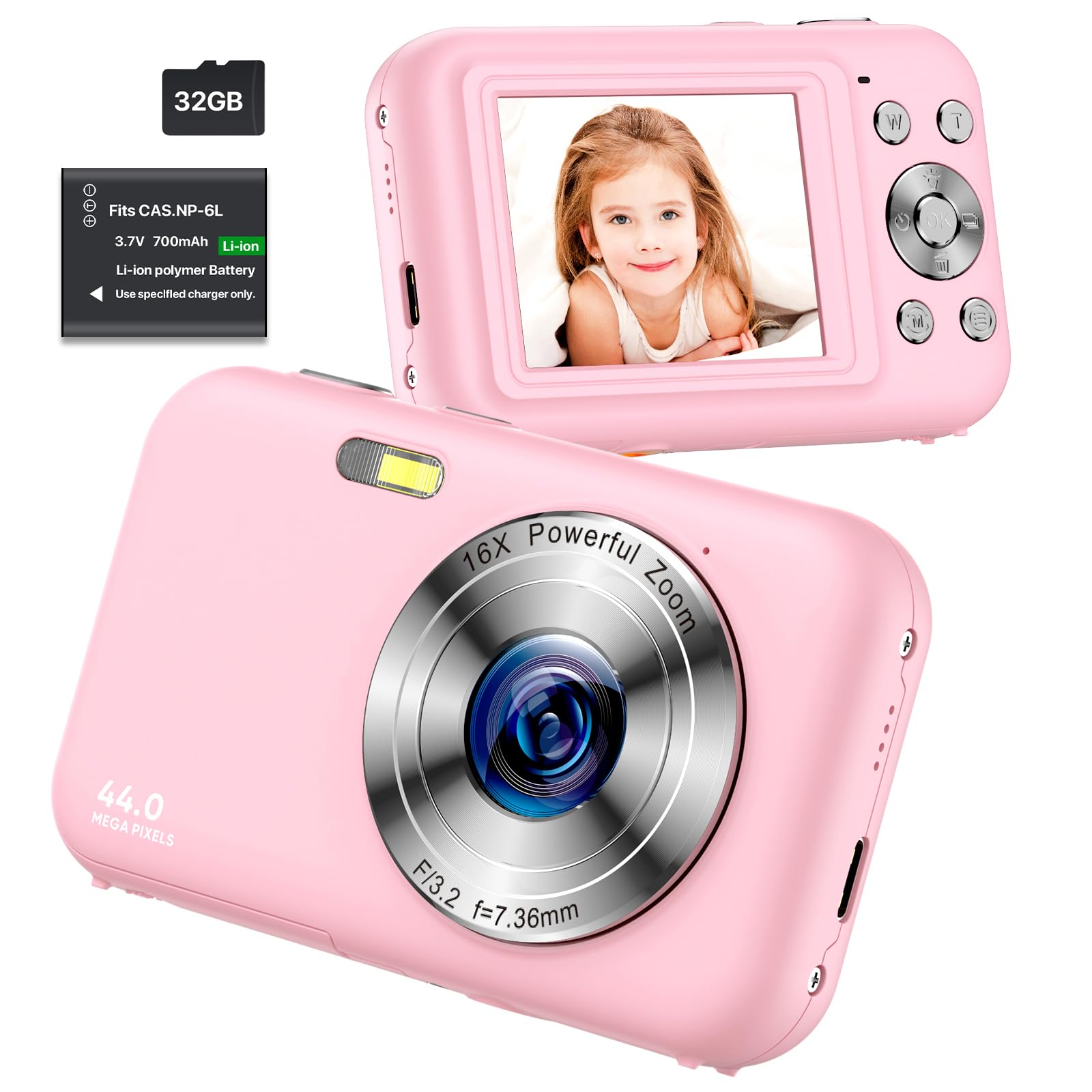 Digital Camera, FHD 1080P Kids Camera with 32GB SD Card 16X Digital Zoom Portable Small Camera, Compact Point and Shoot Camera Mini Digital Camera for Teens Kids Boys Girls Students Seniors - Pink