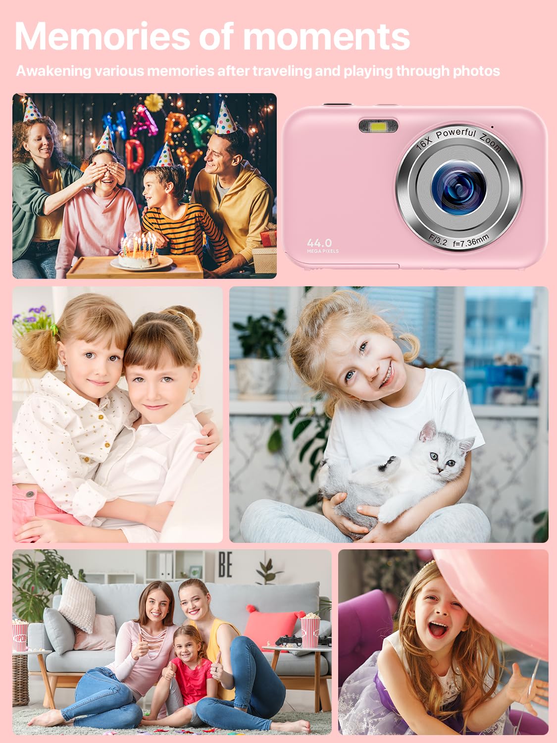 Digital Camera, FHD 1080P Kids Camera with 32GB SD Card 16X Digital Zoom Portable Small Camera, Compact Point and Shoot Camera Mini Digital Camera for Teens Kids Boys Girls Students Seniors - Pink