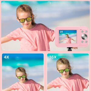 Digital Camera, FHD 1080P Kids Camera with 32GB SD Card 16X Digital Zoom Portable Small Camera, Compact Point and Shoot Camera Mini Digital Camera for Teens Kids Boys Girls Students Seniors - Pink