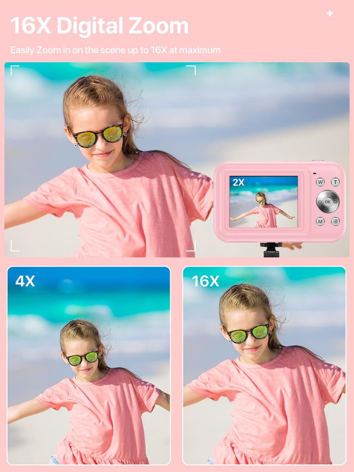 Digital Camera, FHD 1080P Kids Camera with 32GB SD Card 16X Digital Zoom Portable Small Camera, Compact Point and Shoot Camera Mini Digital Camera for Teens Kids Boys Girls Students Seniors - Pink