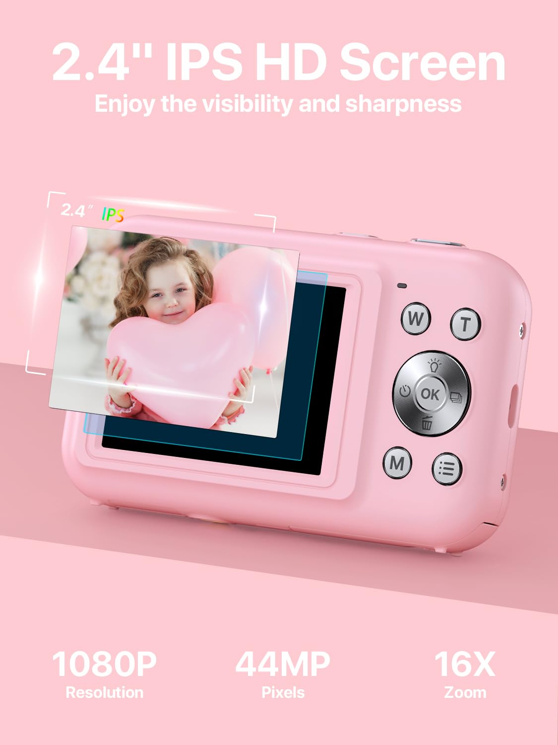 Digital Camera, FHD 1080P Kids Camera with 32GB SD Card 16X Digital Zoom Portable Small Camera, Compact Point and Shoot Camera Mini Digital Camera for Teens Kids Boys Girls Students Seniors - Pink