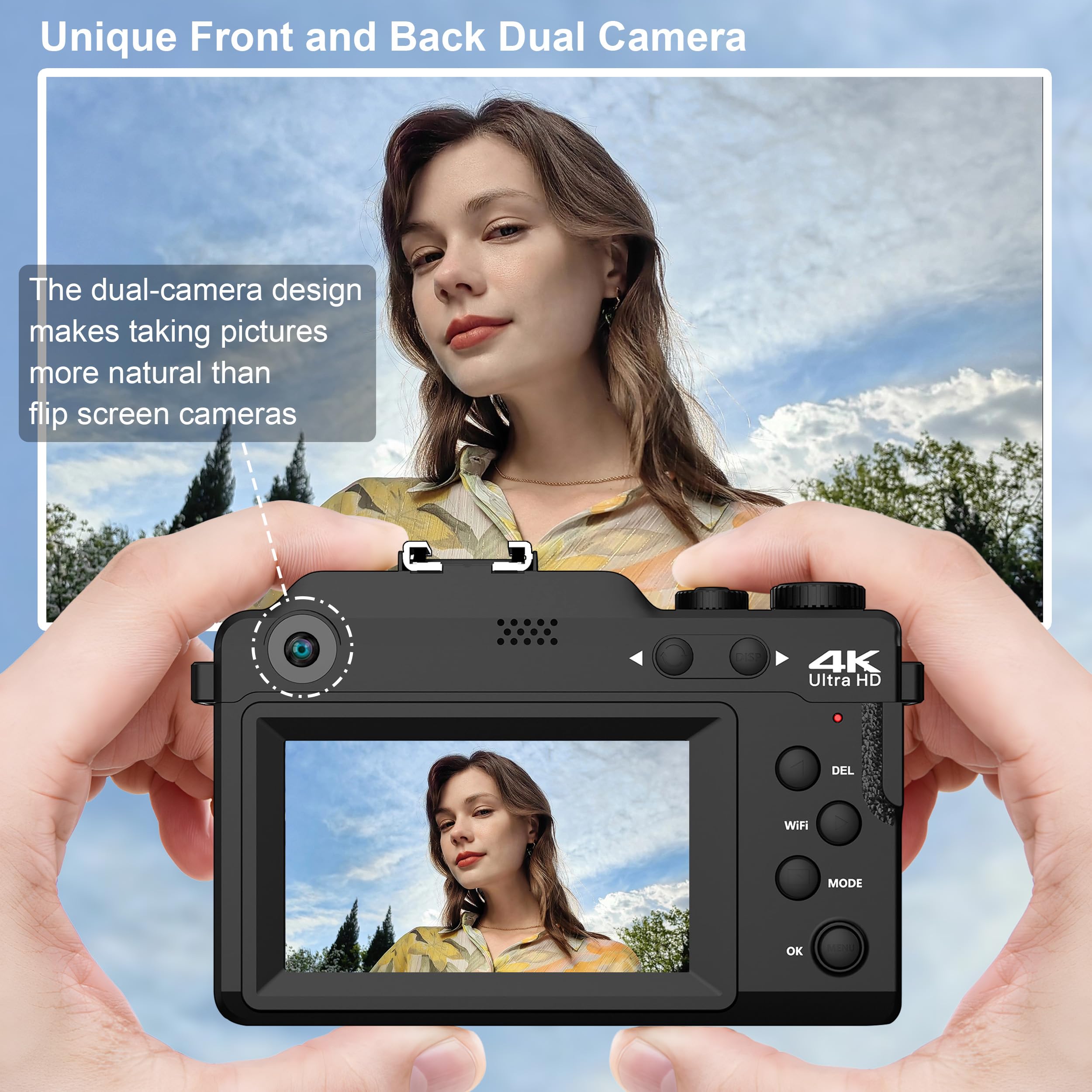 Vlogging Camera, 4K 48MP Digital Camera with WiFi, Free 32G TF Card & Hand Strap, Auto Focus & Anti-Shake, Built-in 7 Color Filters, Face Detect, 3'' IPS Screen, 140°Wide Angle, 18X Digital Zoom AC-11