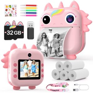 Instant Camera for Kids,Unicorns Kids Camera Instant Print Toys for Girls,Selfie Video Camera for Kids Age 3-12,48MP Digital Camera 32G TF Card&5 Roll Print Paper,Toddler Toys Girls Toys Age 6-8