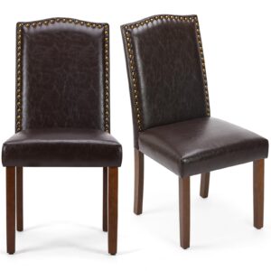 mcq upholstered dining chairs set of 2, modern upholstered leather dining room chair with nailhead trim and wood legs, mid-century accent dinner chair for living room, kitchen, dark brown