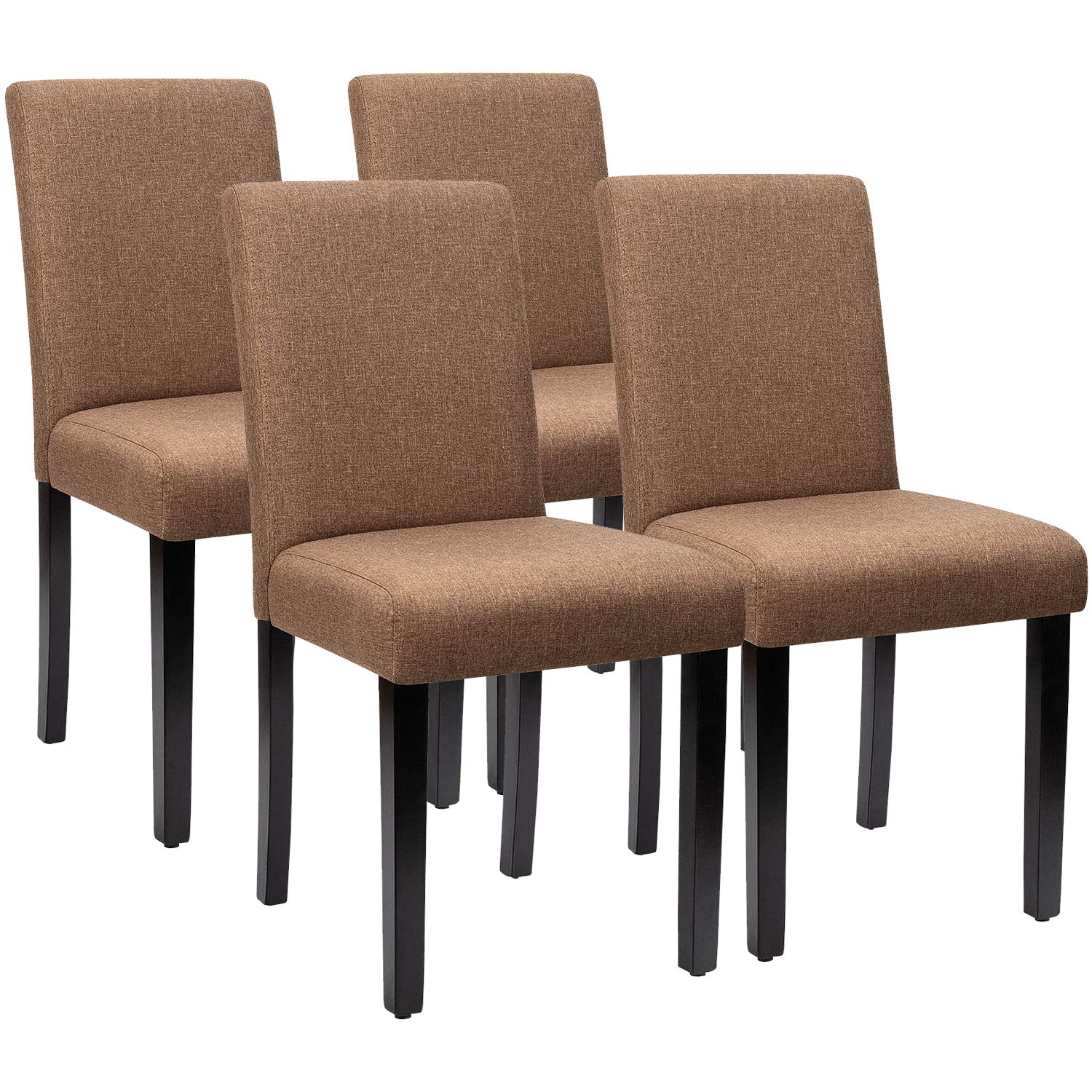 Furniwell Dining Chairs Upholstered Parson Urban Style Kitchen Living Room Side Padded Chair with Solid Wood Legs Set of 4 (Fabric, Brown)