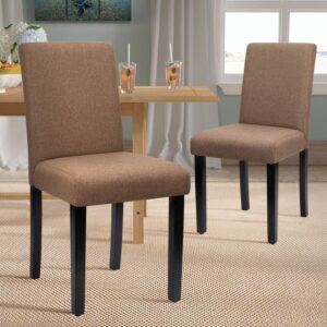 Furniwell Dining Chairs Upholstered Parson Urban Style Kitchen Living Room Side Padded Chair with Solid Wood Legs Set of 4 (Fabric, Brown)