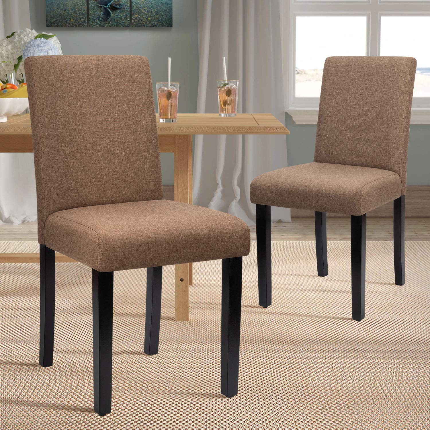 Furniwell Dining Chairs Upholstered Parson Urban Style Kitchen Living Room Side Padded Chair with Solid Wood Legs Set of 4 (Fabric, Brown)