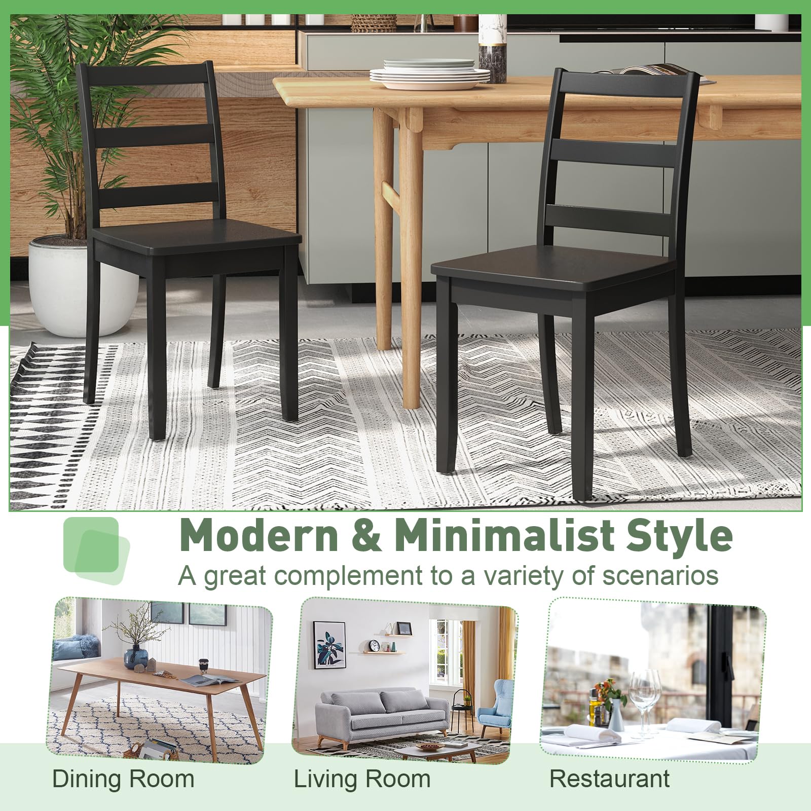 Giantex Wood Dining Chairs Set of 2 Black- Wooden Armless Kitchen Chairs with Solid Rubber Wood Legs, Non-Slip Foot Pads, Max Load 400 Lbs, Farmhouse Style High Ladder Back Wooden Dining Room Chairs