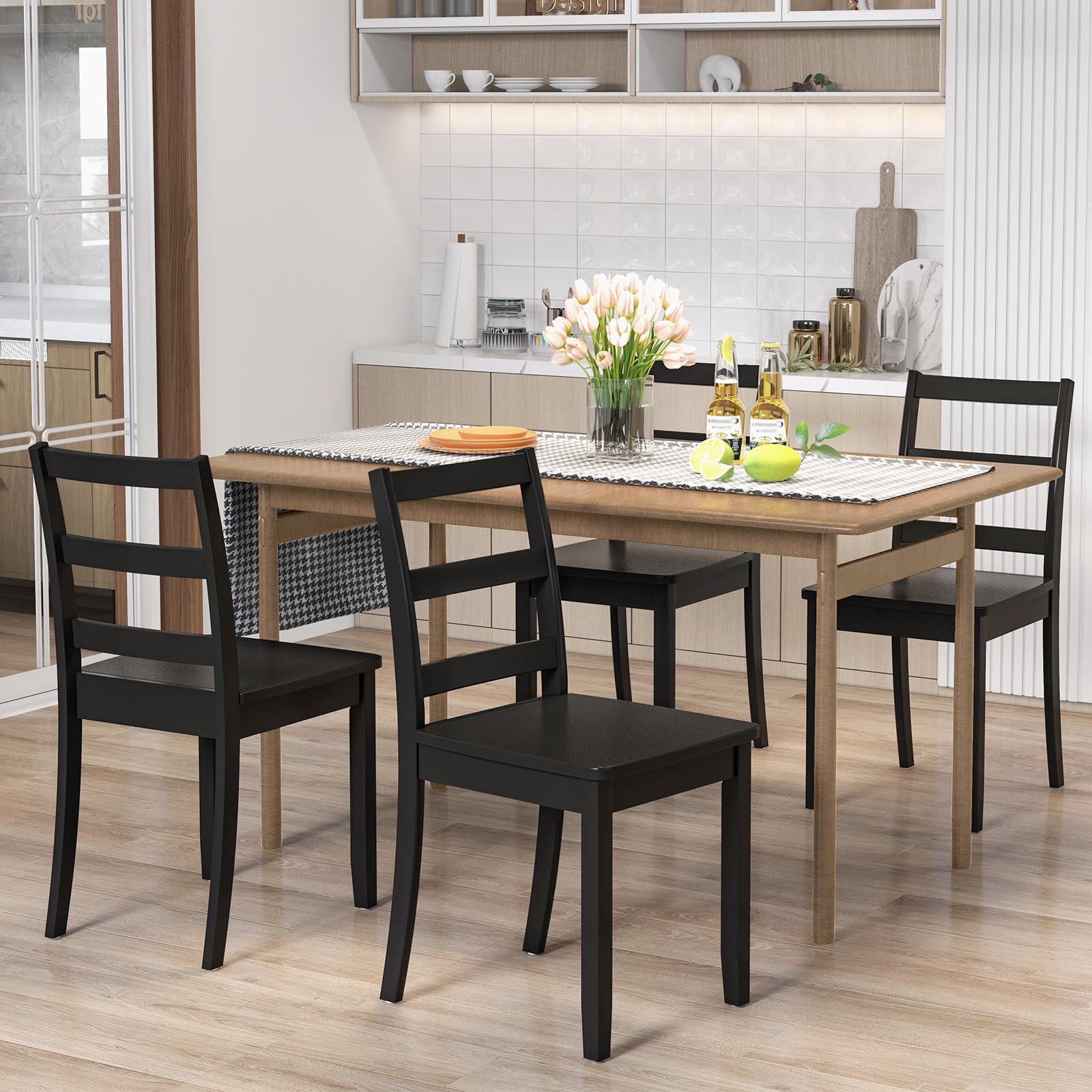 Giantex Wood Dining Chairs Set of 2 Black- Wooden Armless Kitchen Chairs with Solid Rubber Wood Legs, Non-Slip Foot Pads, Max Load 400 Lbs, Farmhouse Style High Ladder Back Wooden Dining Room Chairs