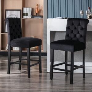 dm furniture bar stools set of 2, 26 inch velvet counter height barstools modern upholstered kitchen island wood bar chairs for home pub/bistro/coffee house, black