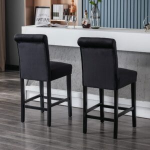 DM Furniture Bar Stools Set of 2, 26 inch Velvet Counter Height Barstools Modern Upholstered Kitchen Island Wood Bar Chairs for Home Pub/Bistro/Coffee House, Black