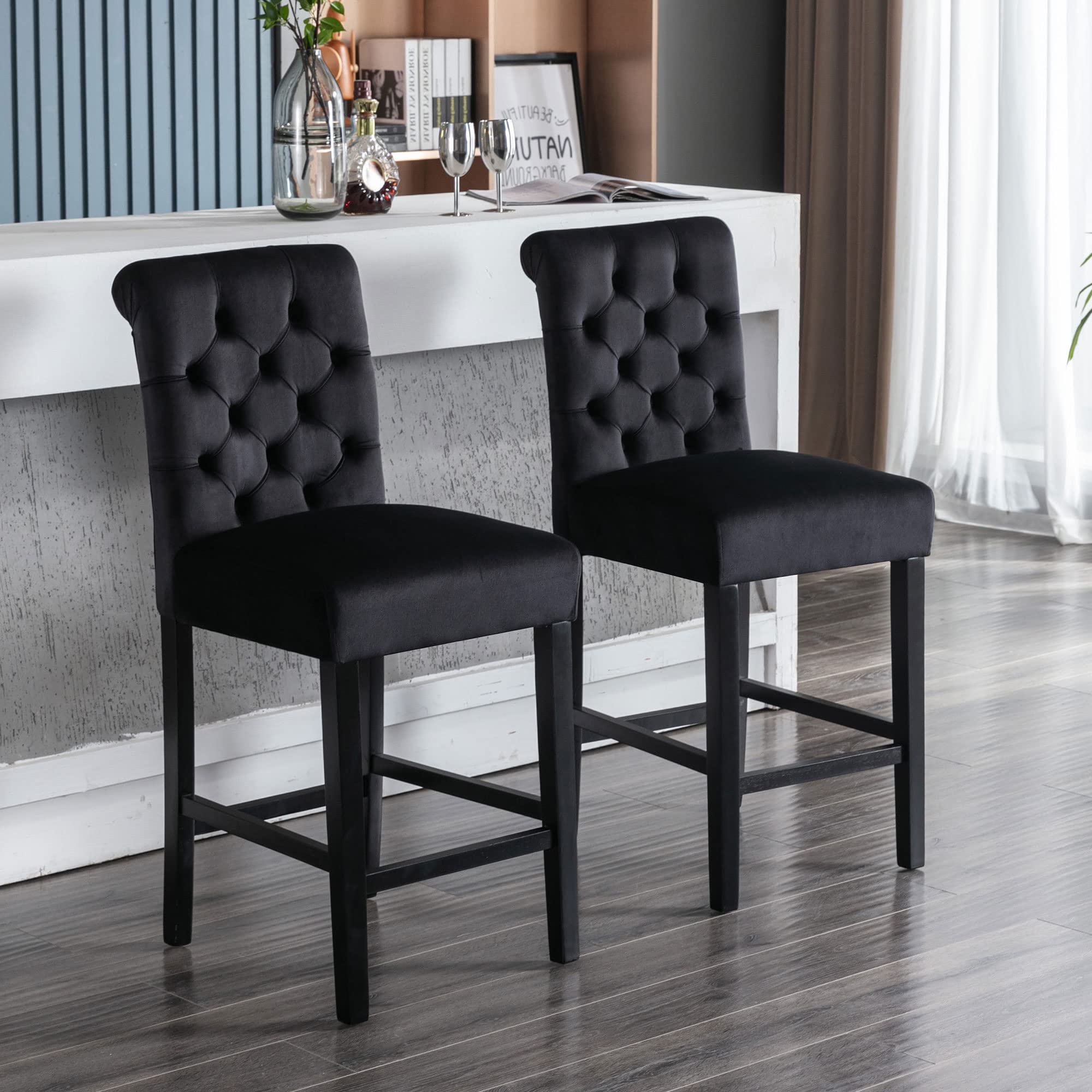 DM Furniture Bar Stools Set of 2, 26 inch Velvet Counter Height Barstools Modern Upholstered Kitchen Island Wood Bar Chairs for Home Pub/Bistro/Coffee House, Black