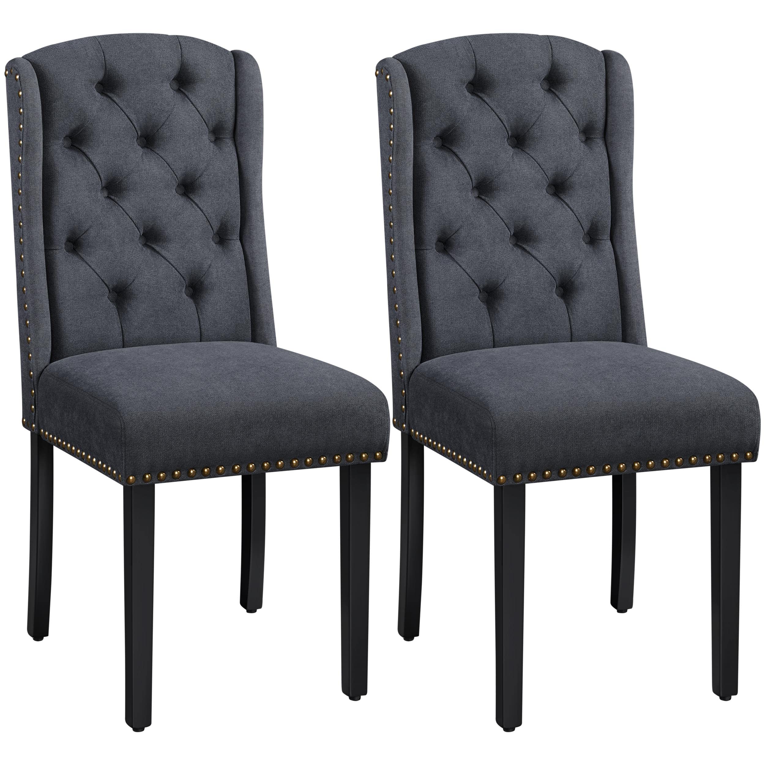 Yaheetech Dining Chairs Upholstered Fabric Chairs Tufted Kitchen Chairs with Solid Wood Legs, Nailhead Trims and Wing Design for Dining Room Kitchen and Restaurant, Set of 2, Gray