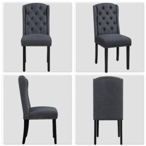 Yaheetech Dining Chairs Upholstered Fabric Chairs Tufted Kitchen Chairs with Solid Wood Legs, Nailhead Trims and Wing Design for Dining Room Kitchen and Restaurant, Set of 2, Gray