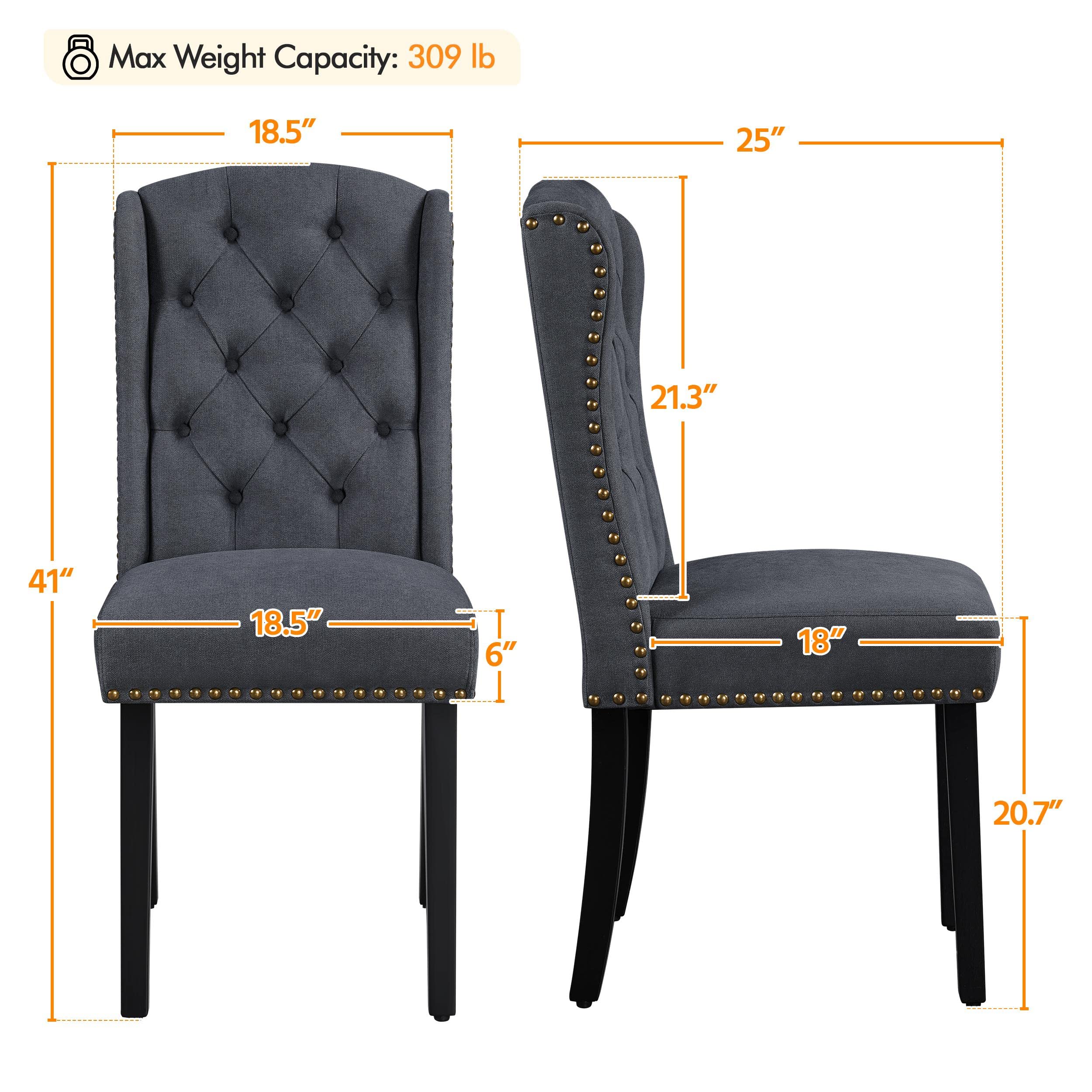 Yaheetech Dining Chairs Upholstered Fabric Chairs Tufted Kitchen Chairs with Solid Wood Legs, Nailhead Trims and Wing Design for Dining Room Kitchen and Restaurant, Set of 2, Gray