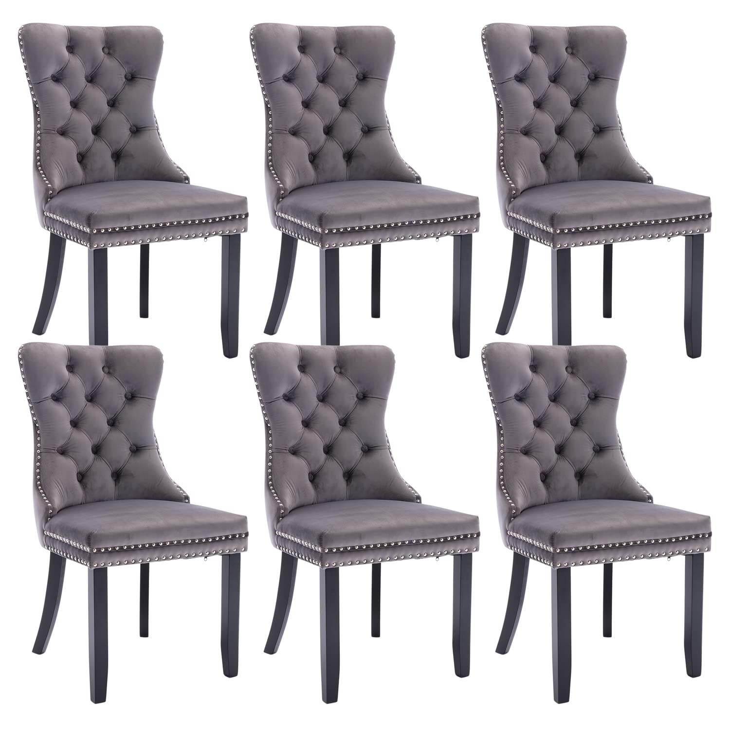 Virabit Tufted Dining Chairs Set of 6, Velvet Upholstered Dining Chairs with Nailhead Back and Ring Pull Trim, Solid Wood Dining Chairs for Kitchen/Bedroom/Dining Room (Grey)