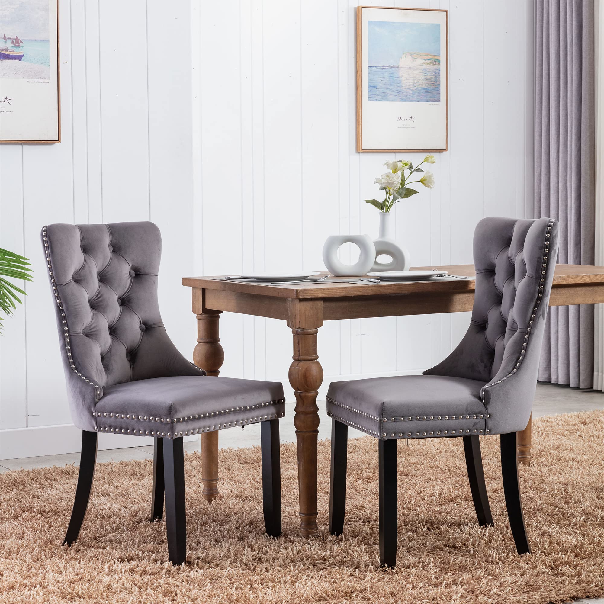 Virabit Tufted Dining Chairs Set of 6, Velvet Upholstered Dining Chairs with Nailhead Back and Ring Pull Trim, Solid Wood Dining Chairs for Kitchen/Bedroom/Dining Room (Grey)