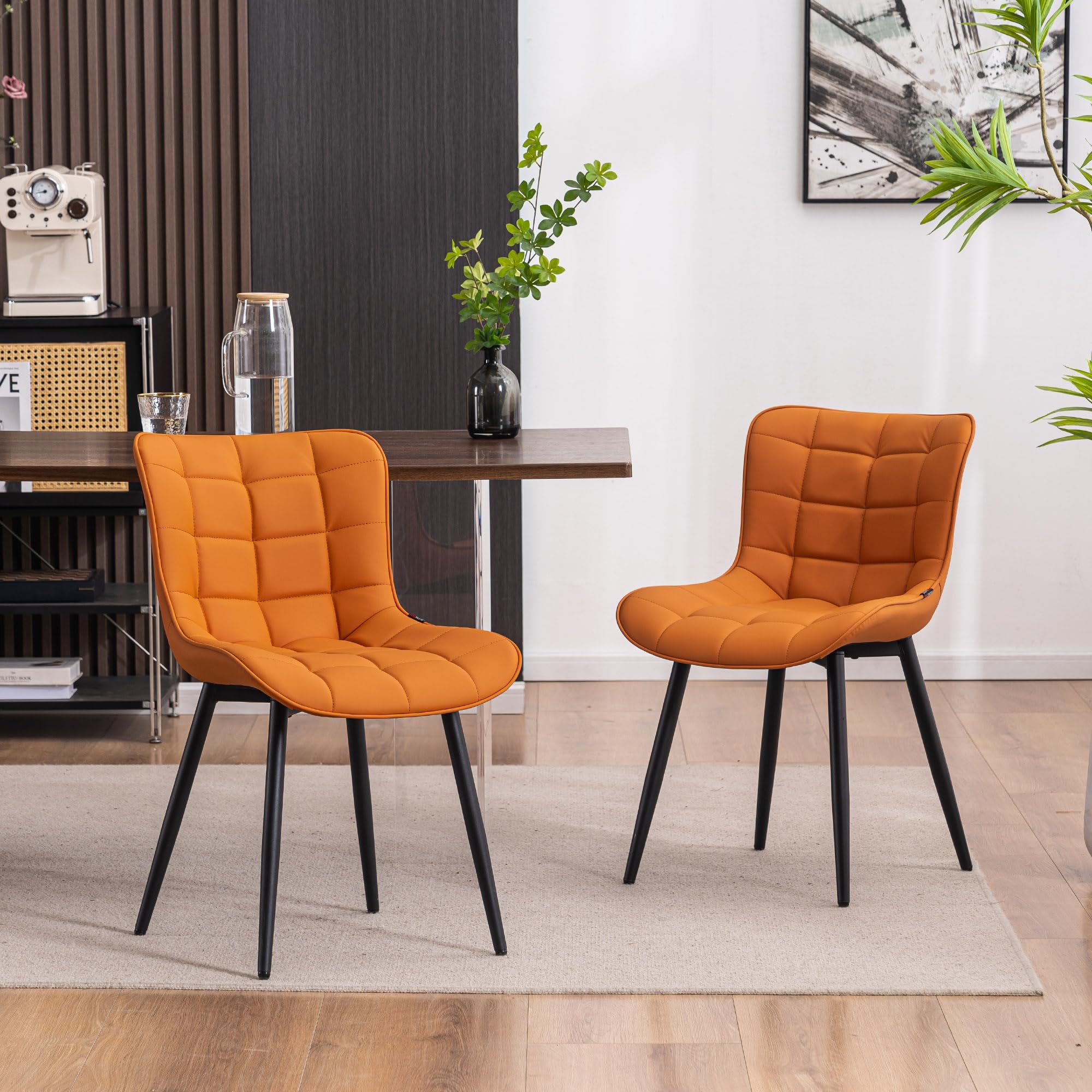 YOUTASTE Dining Chairs Set of 2, PU Leather Upholstered Modern Armless Dining Room Chair with Back Metal Legs, Kitchen Dinner Accent Guest Chairs for Vanity Reception Waiting Room,Orange Camel