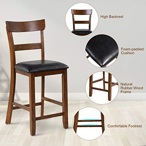 COSTWAY Barstools Set of 4, 25.5-Inch Counter Height Chair with Backrest, Foam-padded Cushion, Rubber Wood Legs, Wooden Vintage Dining Chair for Bistro, Living Room, Kitchen, Brown and Black