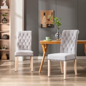 Restworld Fabric Dining Chairs Set of 2,Tufted Upholstered High Back Nailed Trim with Untique Oak Wood Legs for Kitchen Restaurant Room