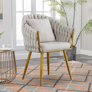 bosmiller woven dining chairs, modern dining room chairs with gold metal non-slip legs, curved high backrest round upholstered dining chair with headrest, for living room, dining room (beige)