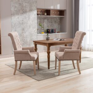 Restworld Dining Room Chairs with Arms,Tufted Upholstered High Back Nailed Trim with Untique Oak Wood Legs for Kitchen Restaurant Room Bedroom Ivory Brown