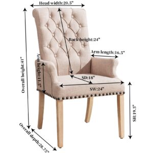 Restworld Dining Room Chairs with Arms,Tufted Upholstered High Back Nailed Trim with Untique Oak Wood Legs for Kitchen Restaurant Room Bedroom Ivory Brown