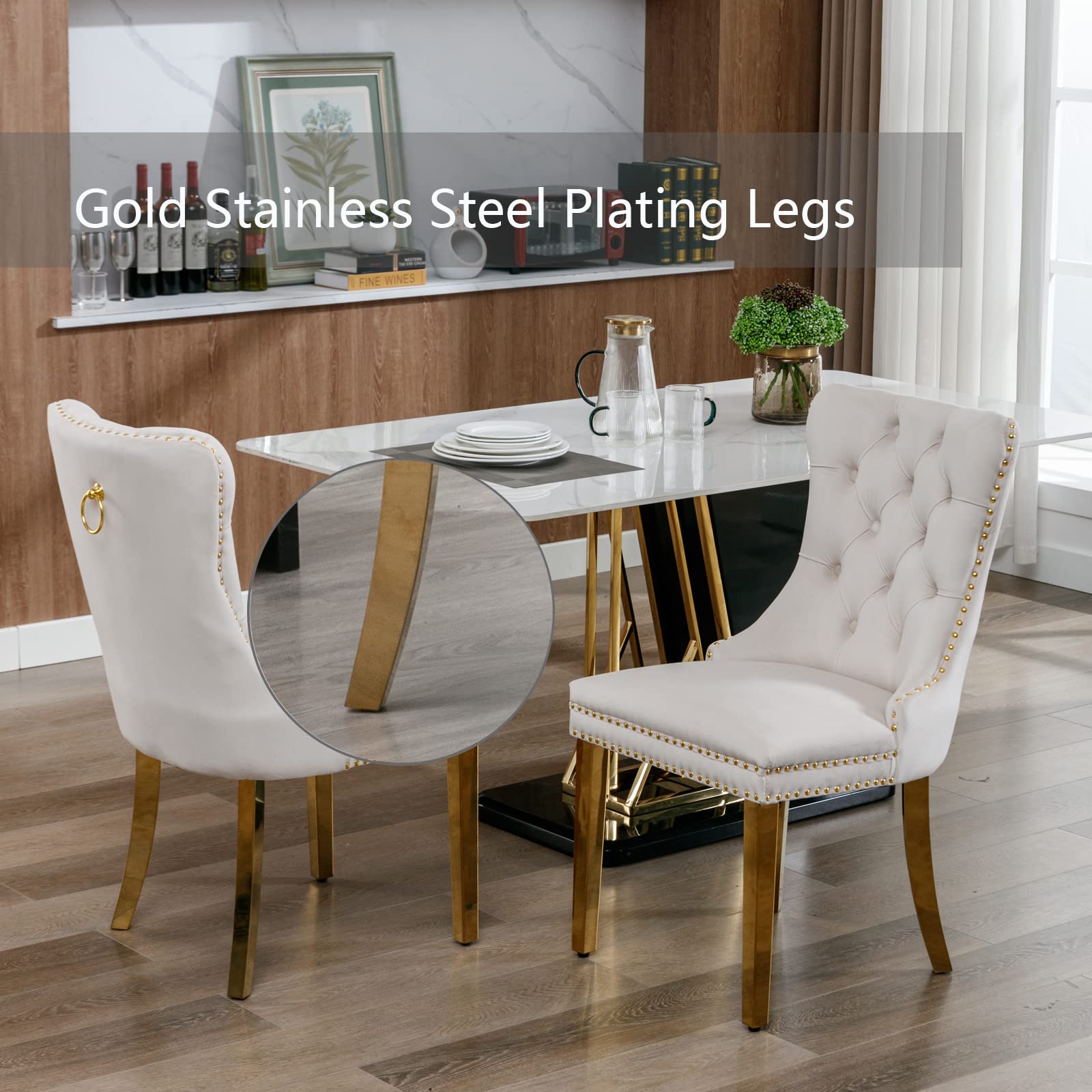 Shenyon Beige Velvet Dining Chairs Set of 6, Upholstered Dining Room Chairs with Back Ring Pull Trim and Golden Stainless Steel Legs,Modern Kitchen Chairs for Dining Room,Living Room,Kitchen(Beige)