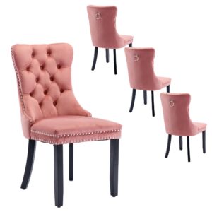 Rhomtree Contemporary Button Tufted Dining Chairs High-end Velvet Upholstered Dining Chairs with Nailhead Back and Ring Pull Trim Wood Kitchen Chairs for Dining Room (Pink 01, Set of 4)