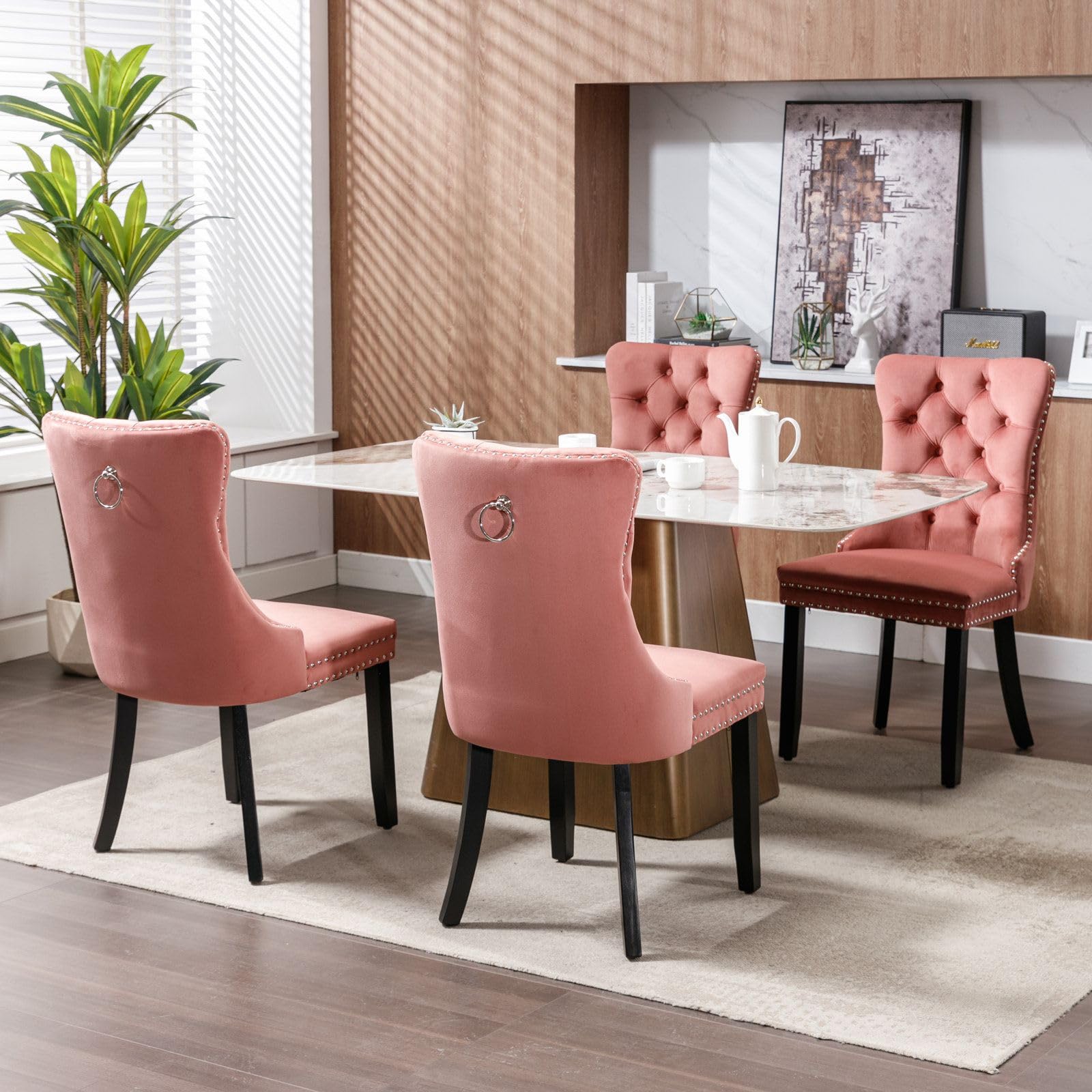 Rhomtree Contemporary Button Tufted Dining Chairs High-end Velvet Upholstered Dining Chairs with Nailhead Back and Ring Pull Trim Wood Kitchen Chairs for Dining Room (Pink 01, Set of 4)