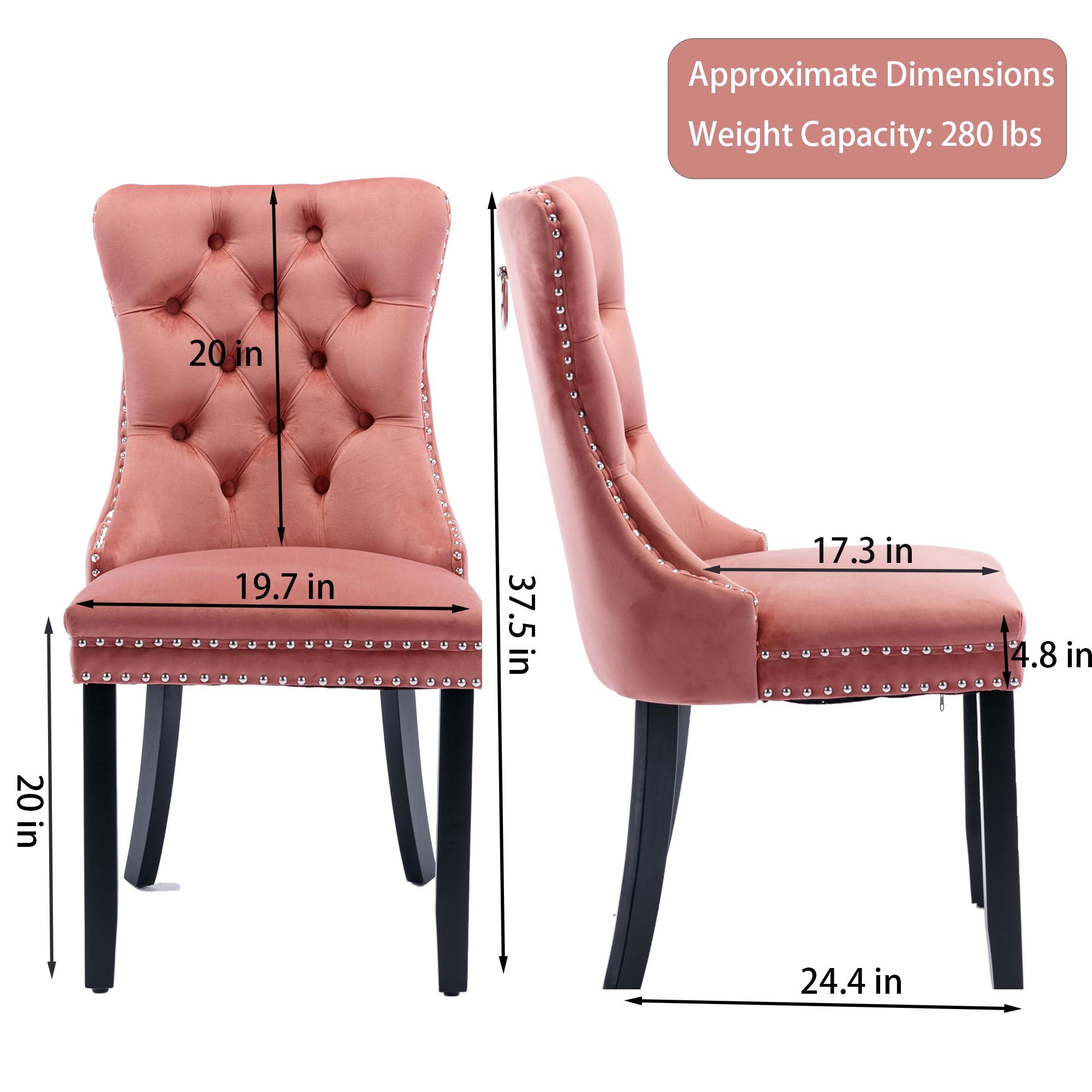 Rhomtree Contemporary Button Tufted Dining Chairs High-end Velvet Upholstered Dining Chairs with Nailhead Back and Ring Pull Trim Wood Kitchen Chairs for Dining Room (Pink 01, Set of 4)